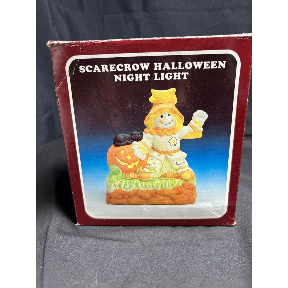 Vintage Ceramic Scarecrow Halloween Night Light Pumpkin Black Cat Tabletop Decor